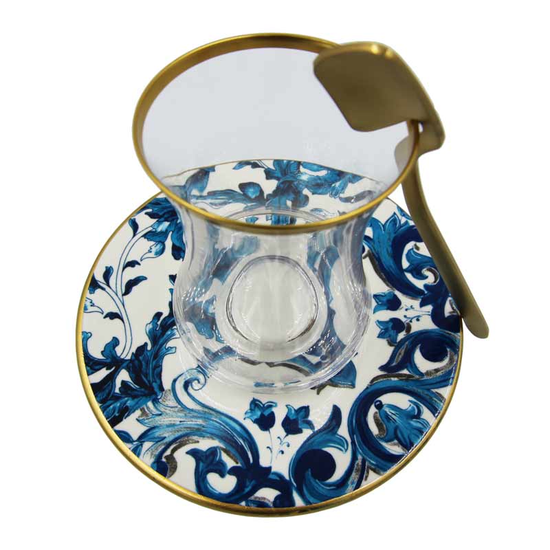 Porcelain Turkish Tea Cups High Quality Gold Bej Dark Blue